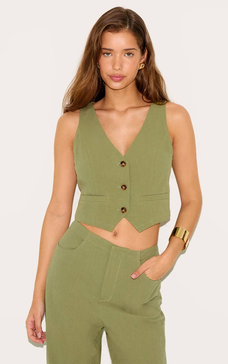Kaki Ensemble Coordonné Gilet Sans Dos Effet Lin