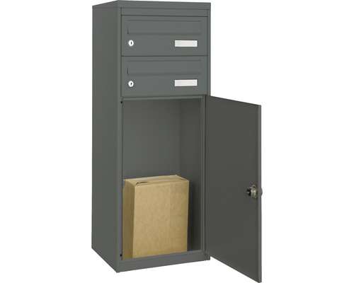 MEFA pakketbrievenbus, gepoedercoat staal, BxHxD 410/1025/325 mm, Mana 482, basaltgrijs RAL 7012, zijdemat, toegang aan de voorzijde, 3 compartimenten met 2 naamplaatjes