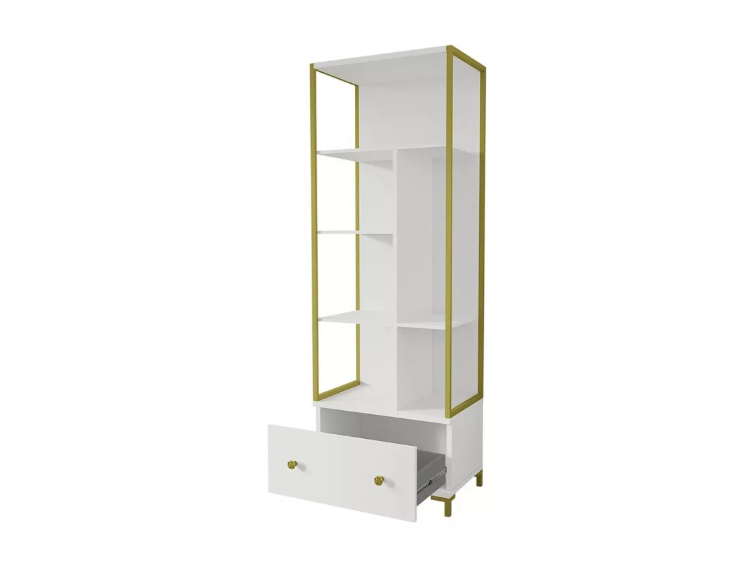 Bibliothèque collection DOUGLAS avec nombreux rangements et finitions dorées, 70 x 200 x 42 cm