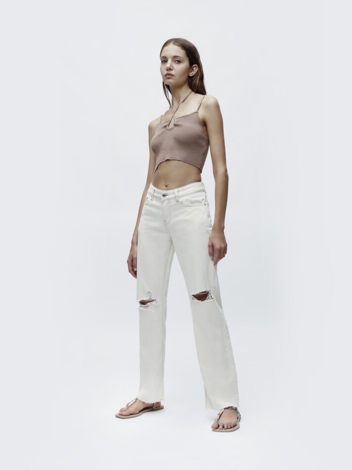Calça jeans reta de cintura baixa com rasgos - Branca