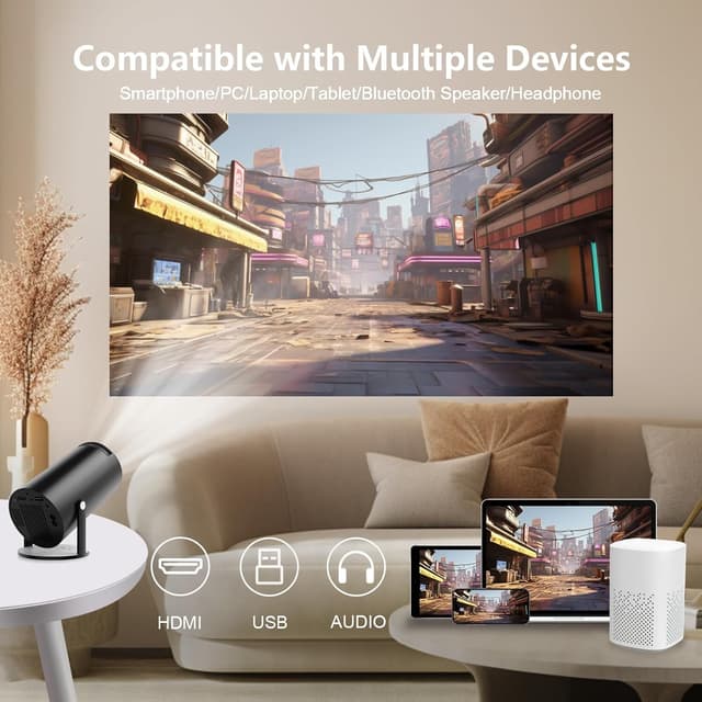 NÖRDIC Mini Portable Projector – 720p HD-understøttelse, Android 11, WiFi 6, BT 5.0, 180° rotation, hjemmebiografprojektor