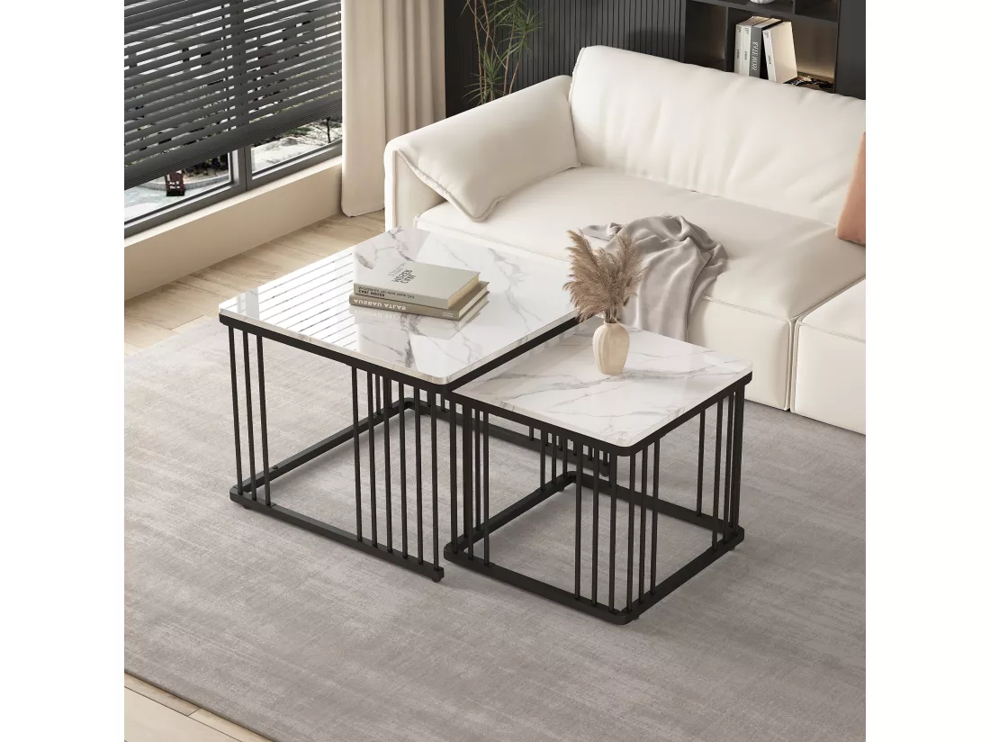 Lot de 2 tables basses gigognes en forme carrée - 60x60x45cm +45x45x40cm - Motif à marbre - Bois MDF et métal - Blanc + noir