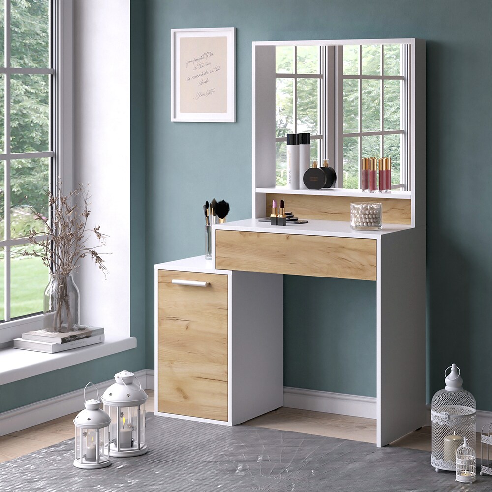 Vicco Schminktisch Altea mit Spiegel 95 x 145 cm Weiß-Eiche Frisiertisch modern