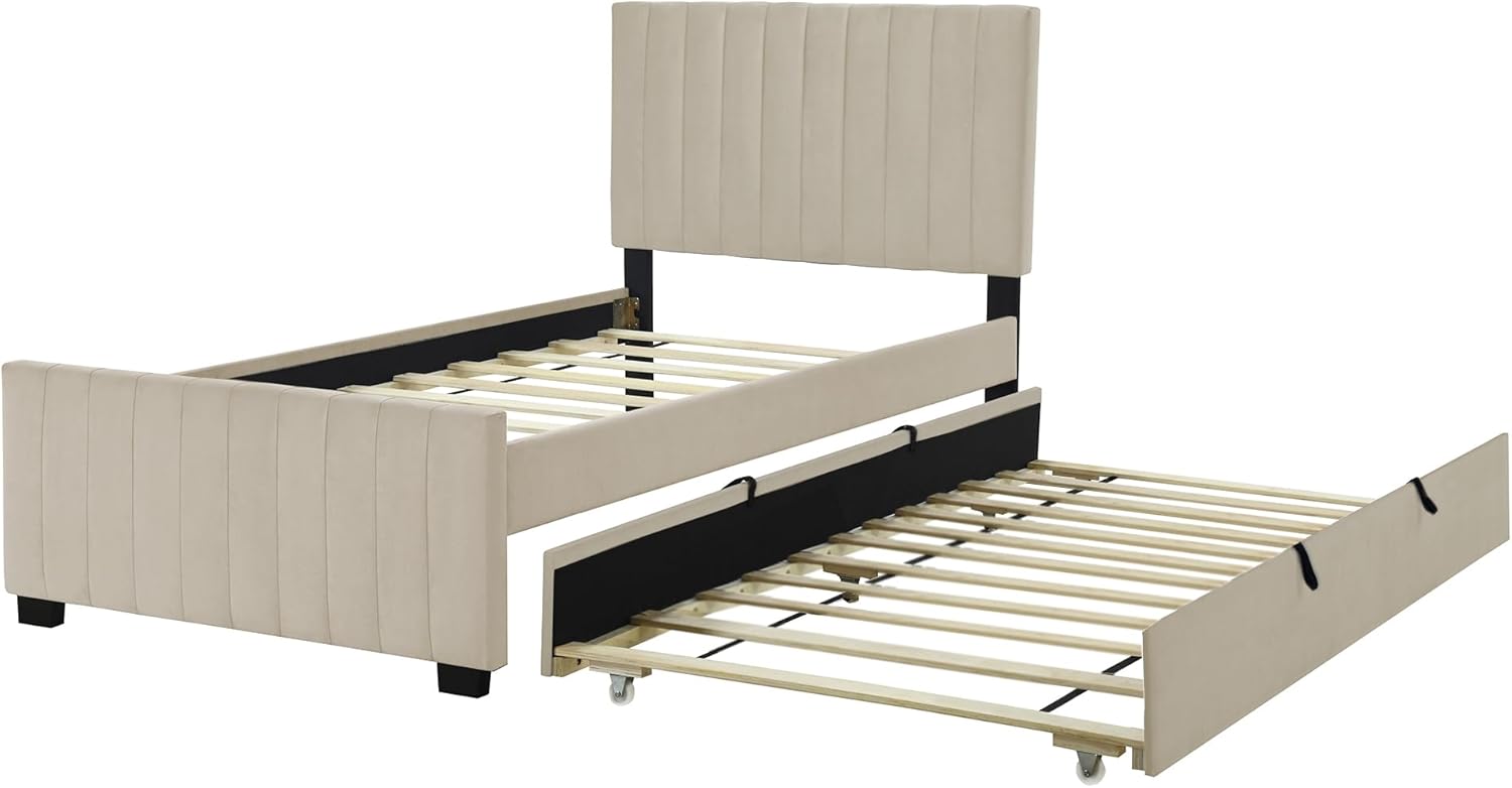 Kinderbett Polsterbett 90x190 cm mit Ausziehbett, Bett Einzelbett Doppelbett Jugendbett Gästebett Rückenlehne Bettgestell Flachbett mit Holz Lattenrost, hautfreundliches Samtstoff, Ohne Matratze,Beige