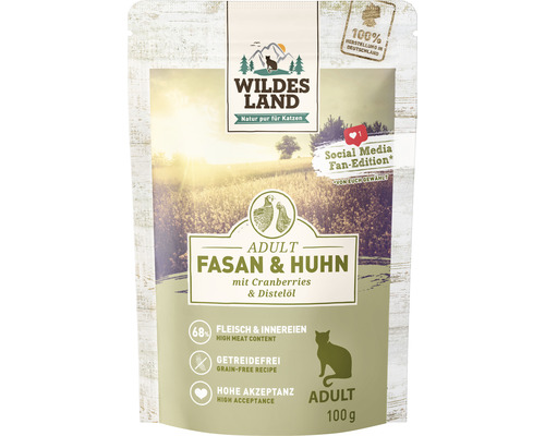 WILDES LAND natvoer voor katten, fazant en kip met veenbessen, met waardevolle superfoods, graanvrij, glutenvrij, 100 g