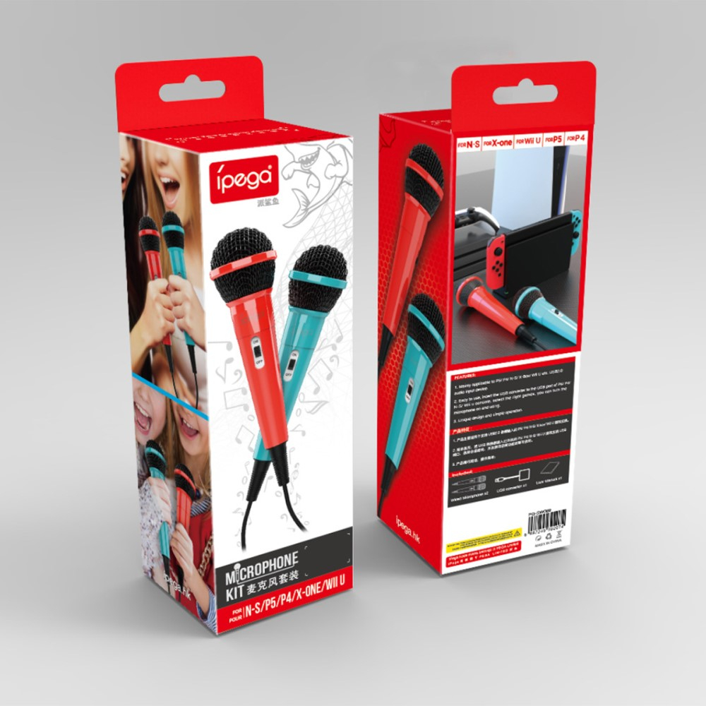 (2er Set) 3m Klinke Karaoke Mikrofon mit USB Adapter für PC / PS5 / PS4 / Xbox One / Nintendo Switch / Wii U - Blau / Rot