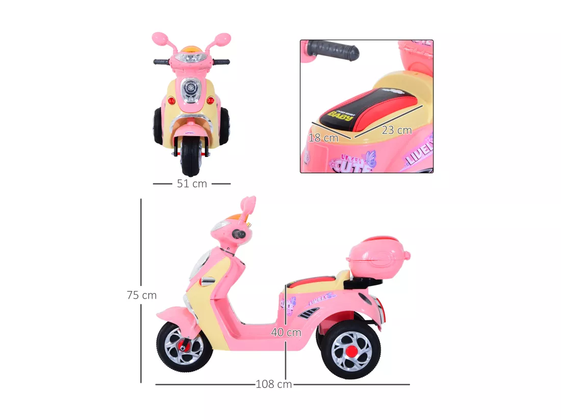 HOMCOM Moto scooter électrique pour enfants 6 V env. 3 Km/h 3 roues et topcase effet lumineux et sonore rose