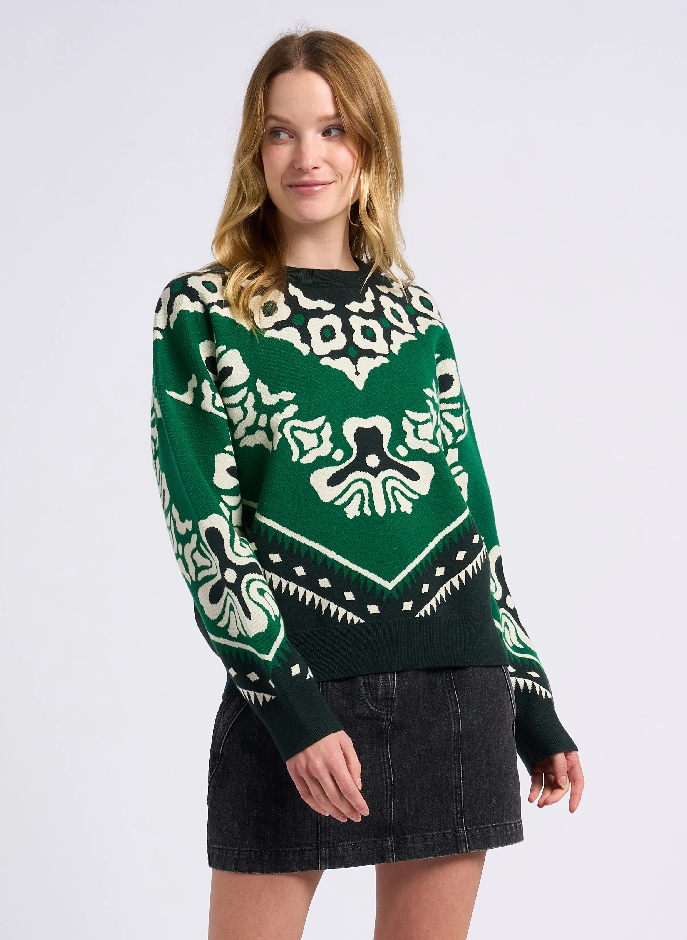 PAVARO - Pull droit col rond en jacquard imprimé | Vert
