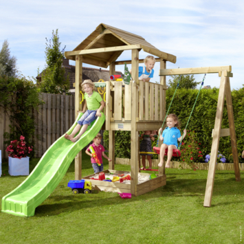 Speeltoestel Jungle Gym met groene glijbaan en schommel van grenenhout