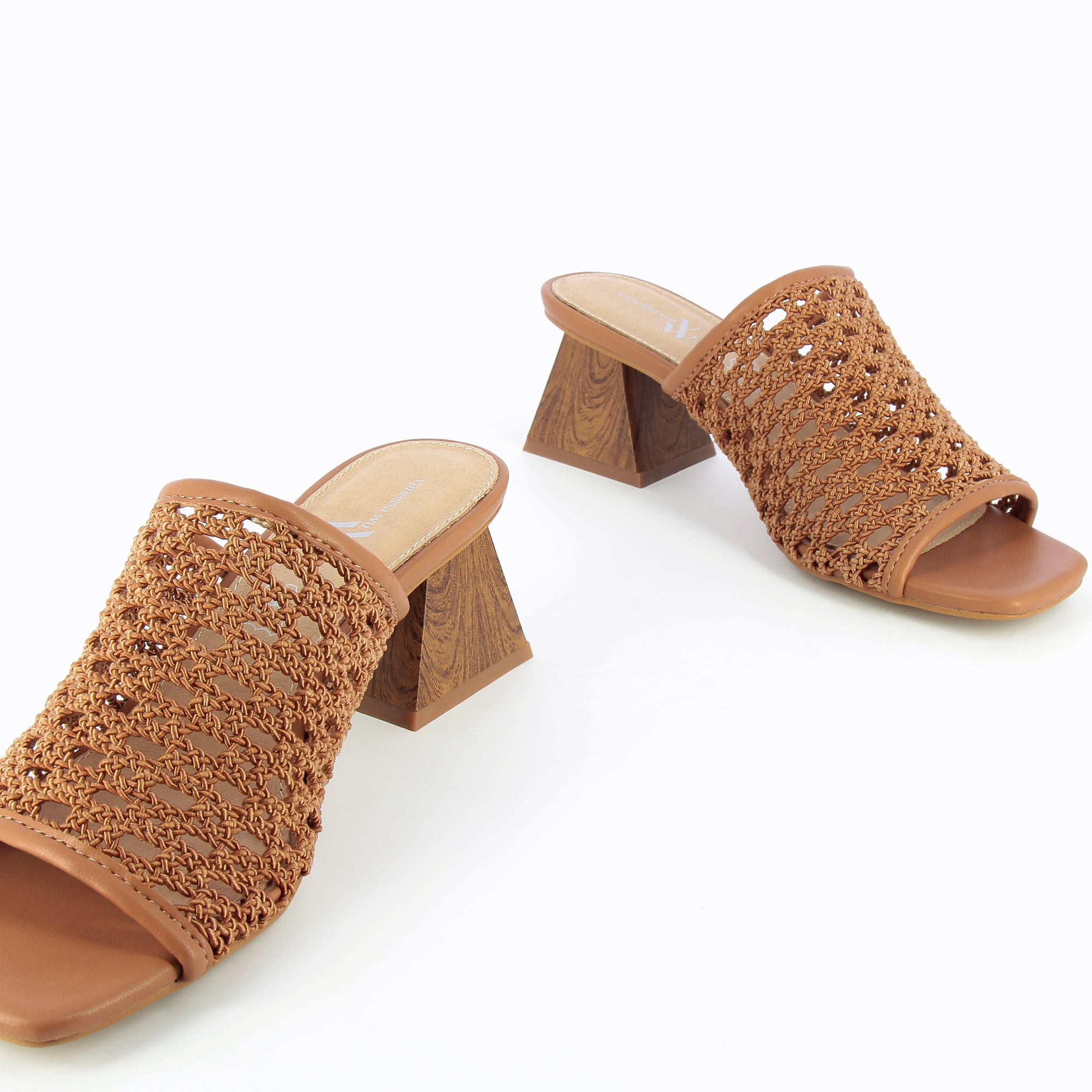 Sandales à talon, Compensées-Mules à talon Sandrine camel tressées façon cannage