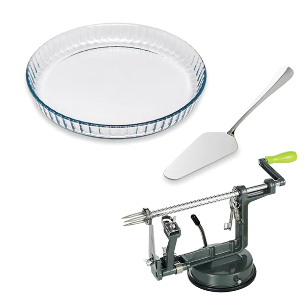 Lot moule à tarte en verre 26,5 cm, pèle pommes et pelle à tarte inox