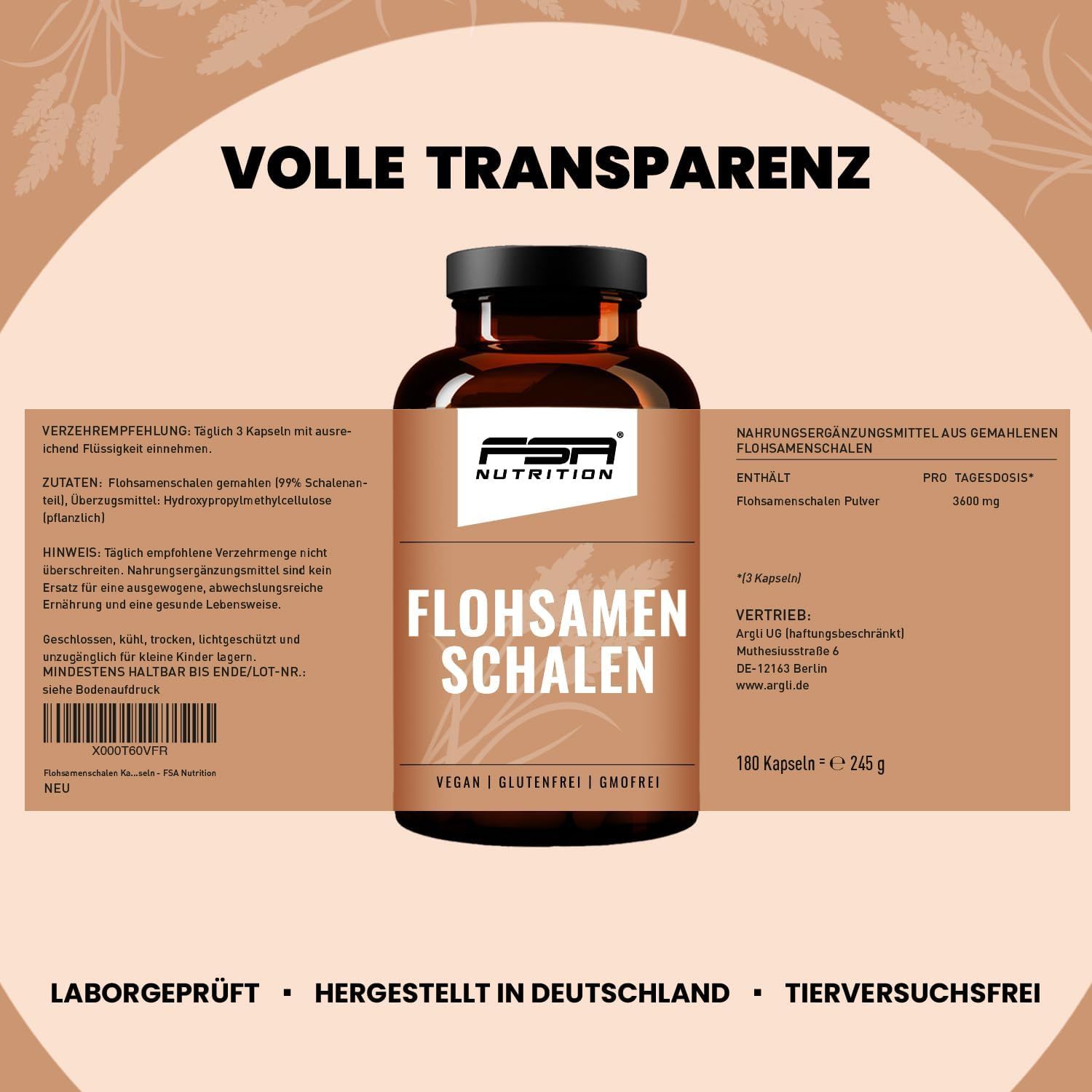 FSA NUTRITION Flohsamenschalen 180 Kapseln im Glas