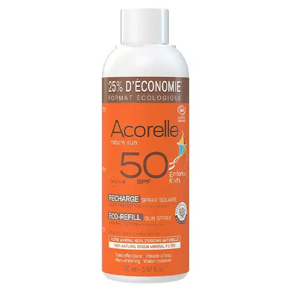 Protetor solar infantil orgânico em spray Acorelle FPS 50, refil, 150ml