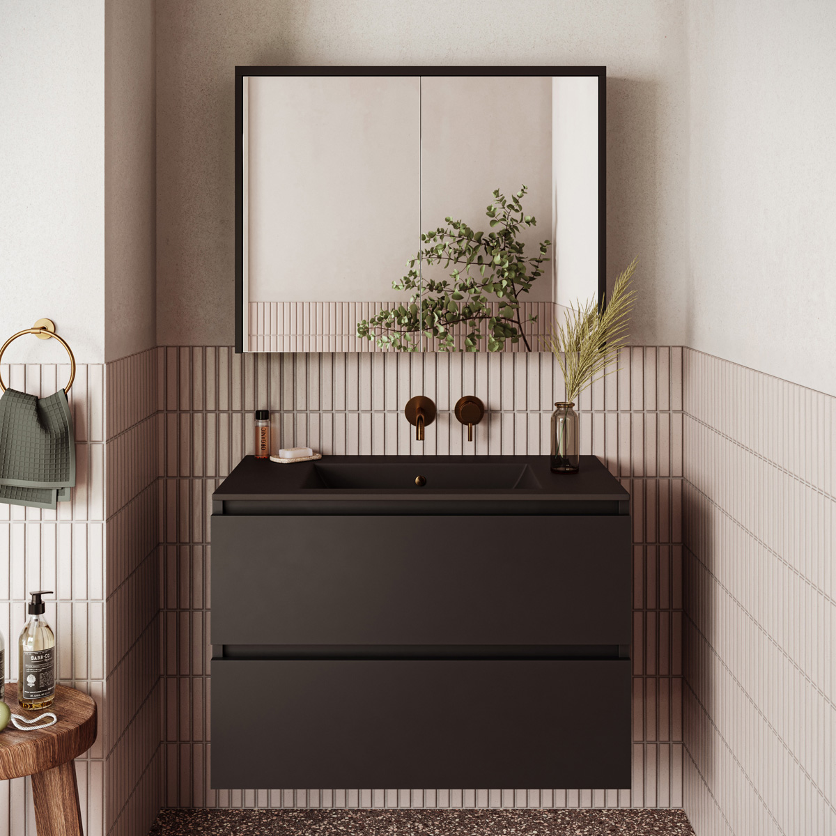 Fontana Rovigo badmeubel 80cm zwart mat met zwarte wastafel zonder kraangat en spiegelkast zonder verlichting