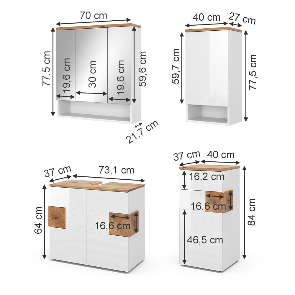 Vicco Badmöbel-Set Badezimmer-Möbel Bad-Schrank Eden Weiß Artisan modern Badezimmerschrank Waschbeckenunterschrank Spiegelschrank Hängeschrank Midischrank Schranktür Schrankfach
