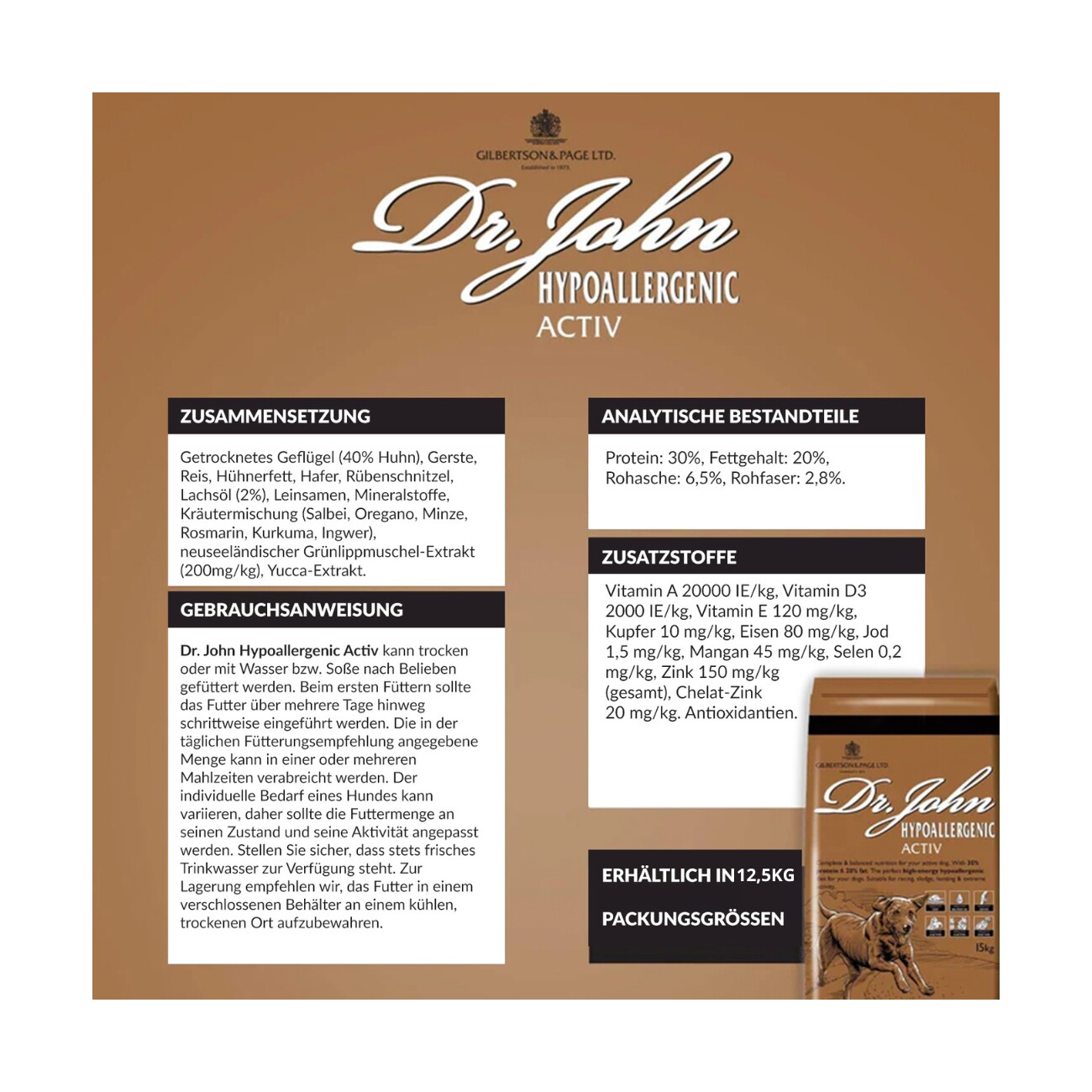 Dr John Hyppoallergen Aktiv Trockenfutter Reich an Huhn und Reis 12,5 kg
