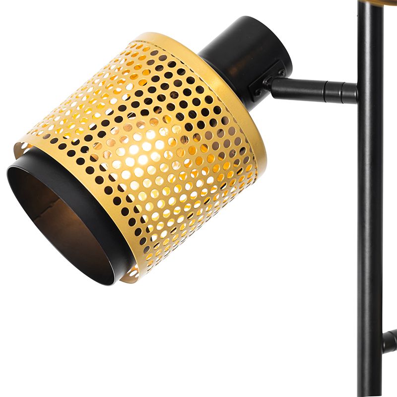 Industriële vloerlamp zwart met goud 3-lichts - Kayden