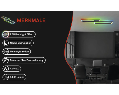 Dimbare LED-plafondlamp, 2 x 21 W, 2500 lm, 2700 K-6500 K CCT RGB, 10 x 119,5 x 27,5 cm, zwart, met nachtlampfunctie, geheugenfunctie en afstandsbediening.