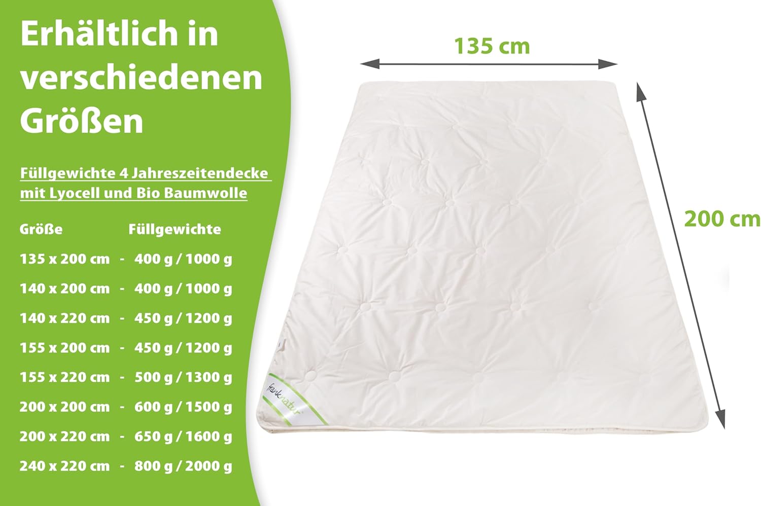 franknatur 4 Jahreszeiten Bettdecke 135x200 Lyocell Tencel Bio Baumwolle