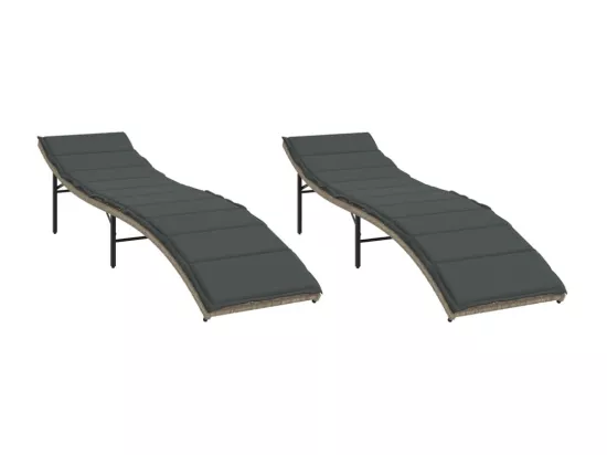 Chaises longues lot de 2 et coussins gris clair résine tressée