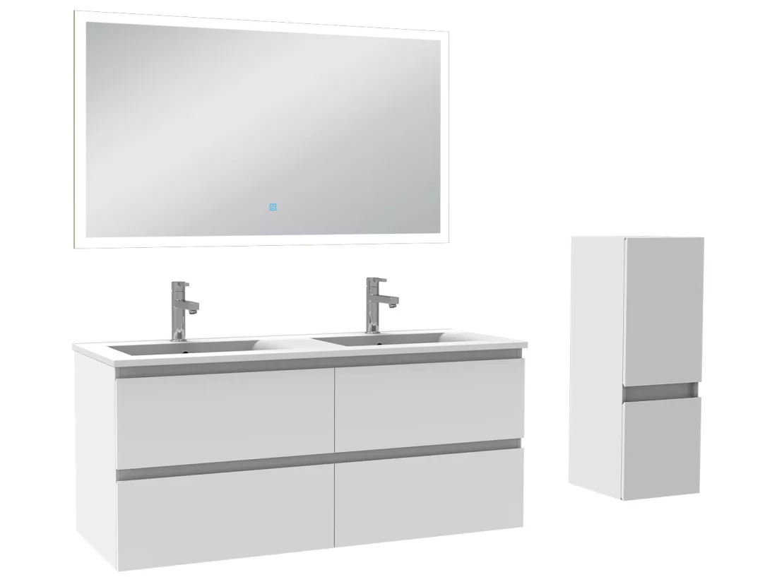 Ensemble meubles Salle de Bain 120cm vasque + colonne + miroir LED Blanc - Aica