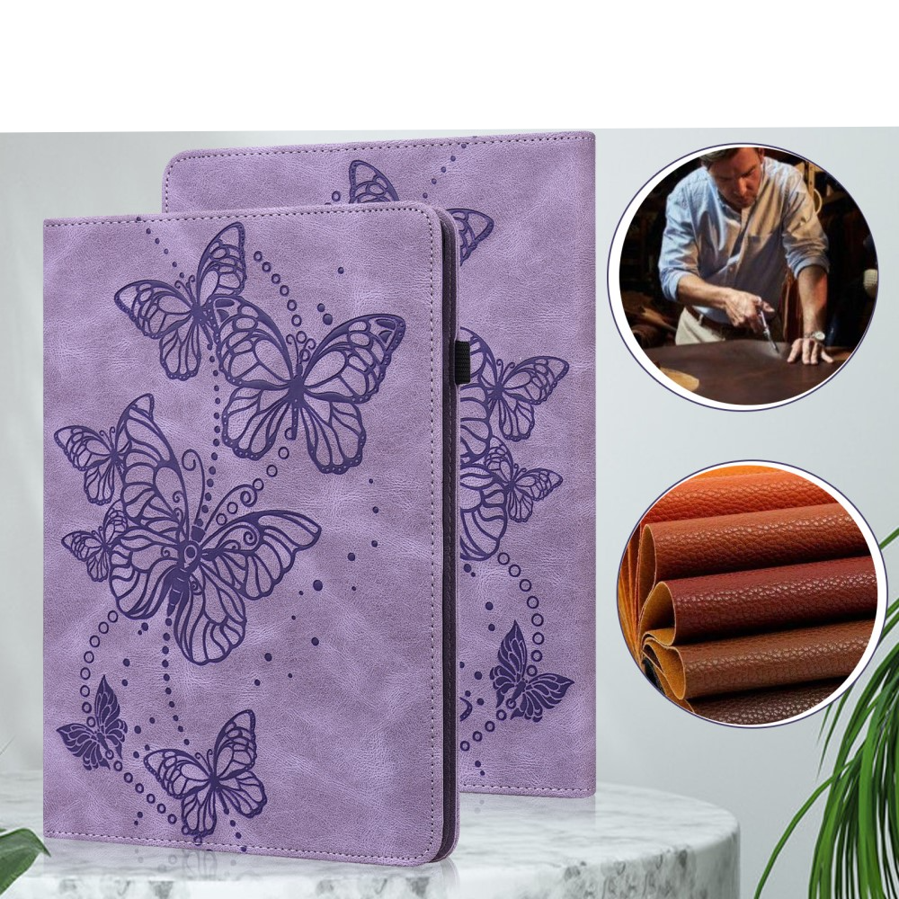 Samsung Galaxy Tab A11 / A9 Leder Tasche Flip Cover Butterflies Imprint   S-Pen Halterung - Lila
