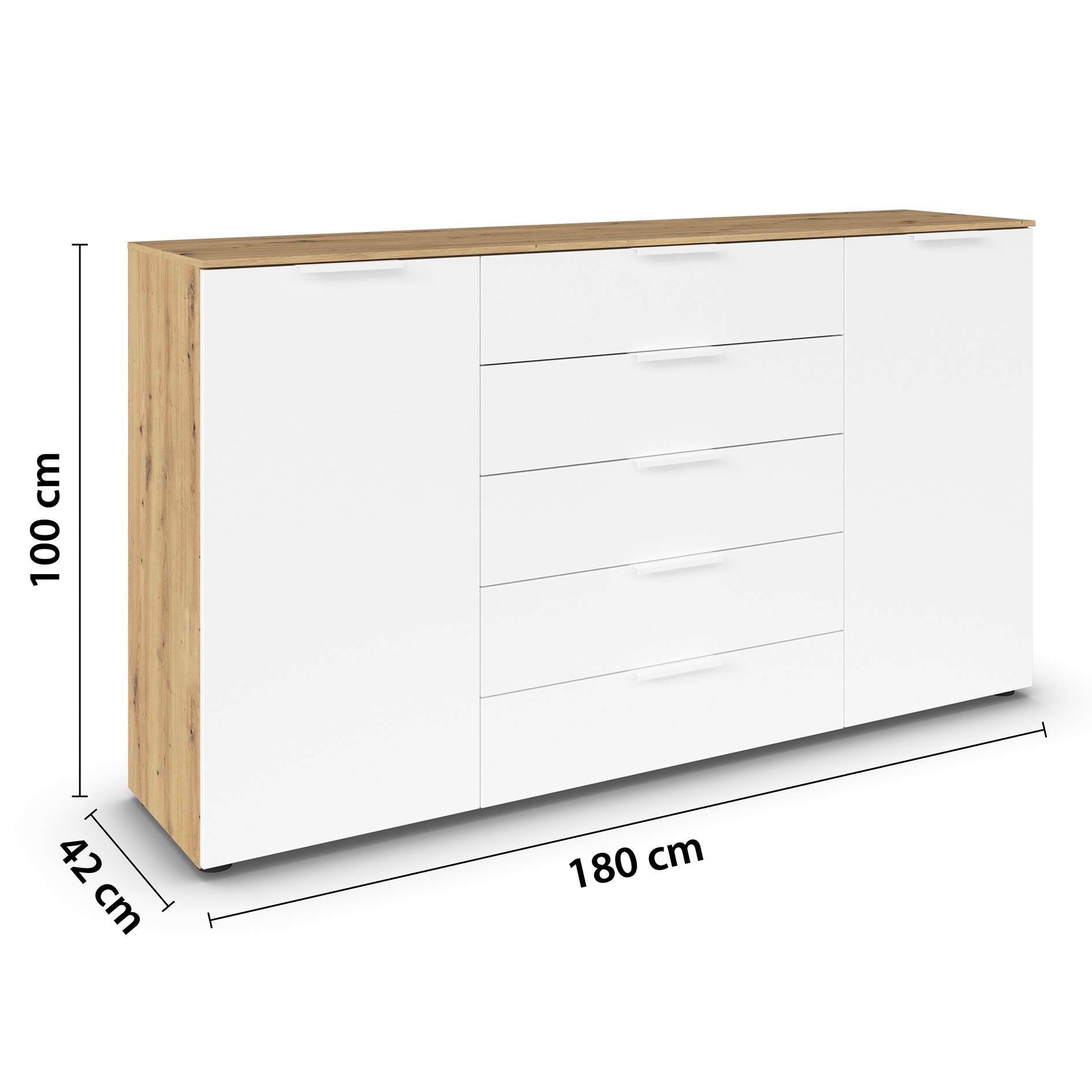 Kommode - Artisan Eiche-alpinweiß - weiße Griffe - 180 cm