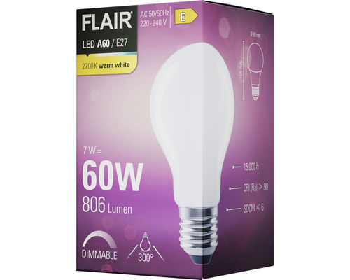 FLAIR LED lamp dimbaar A60 E27/7W(60W) 806 lm 2700 K warm wit mat