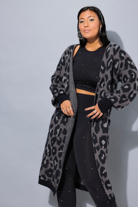 Long-Strickjacke, oversized, Glitzer-Leo