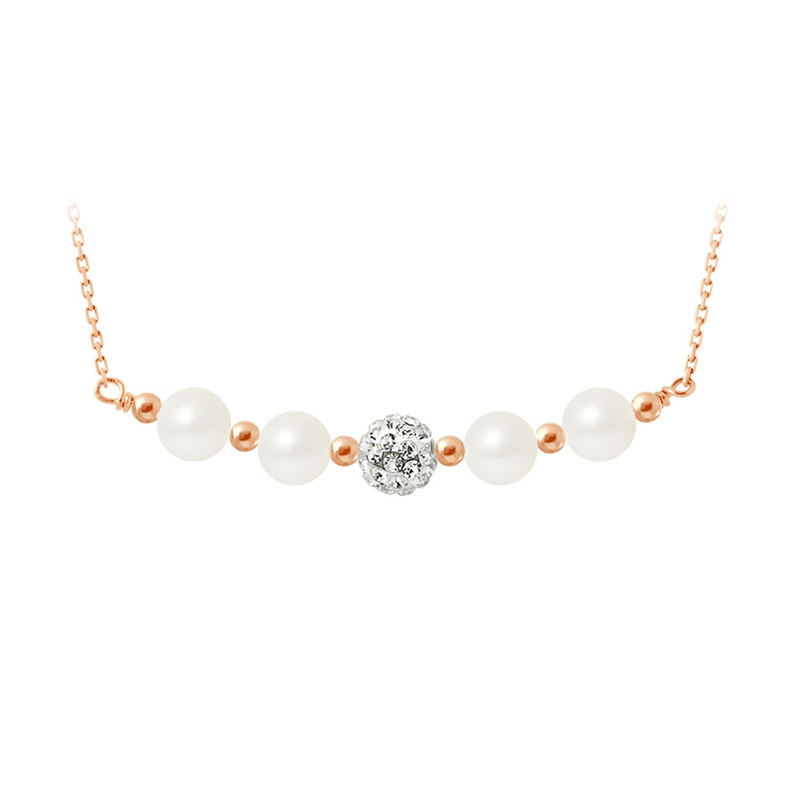Collier Perles de culture Blanches, cristal et Argent 925 plaqué or rose