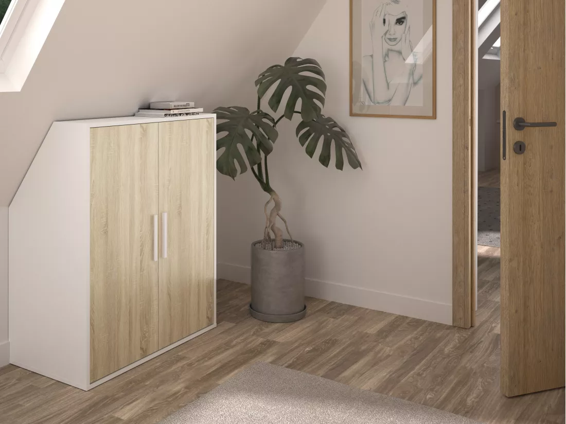 Armoire sous pente 2 portes - Blanc et naturel - ADEZIO