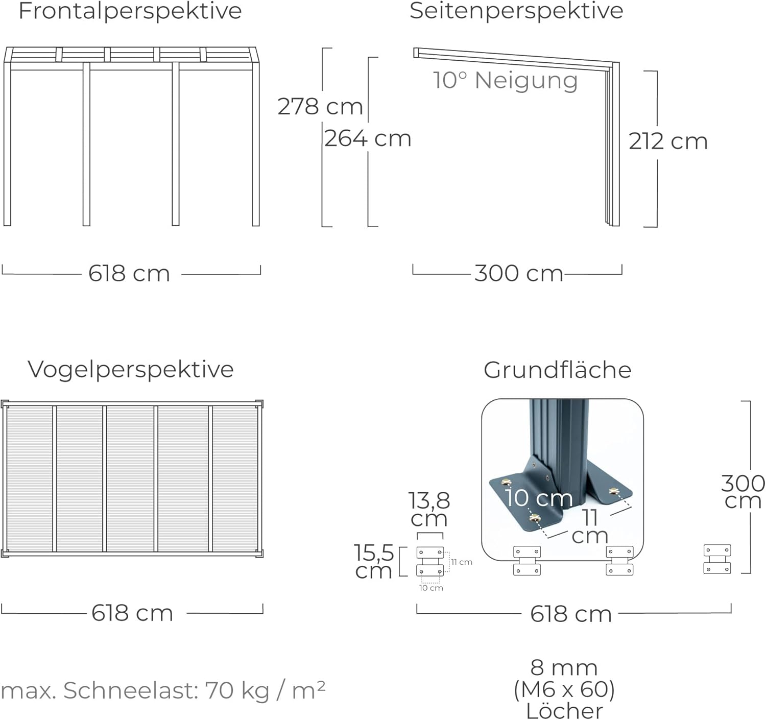 Terrassendach Veranda Aluminium transparentes Dach | Terrassenüberdachung Veranda XXL anthrazit 618 x 300 x 263-278 cm (LxBxH)