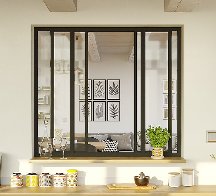 Verrière coulissante en aluminium noir 4 carreaux Optimum H.110 x 123,2 cm