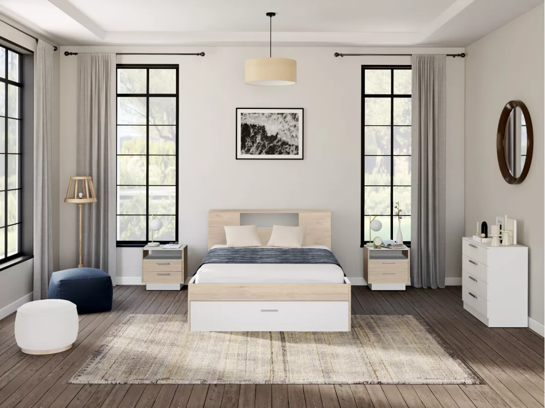 Lit avec tête de lit rangements et tiroirs - 160 x 200 cm - Coloris : Naturel et blanc + Chevets - LEANDRE