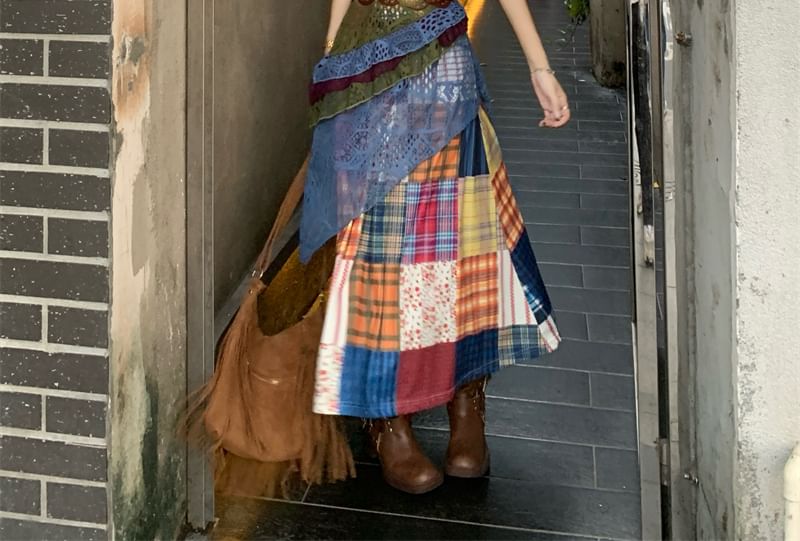 ZENME - Spaghettibandjes V-hals kleurblok asymmetrische geperforeerde A-lijn gebreide jurk / High waist patchwork midi-rok / Effen kort licht jasje met kanten rand