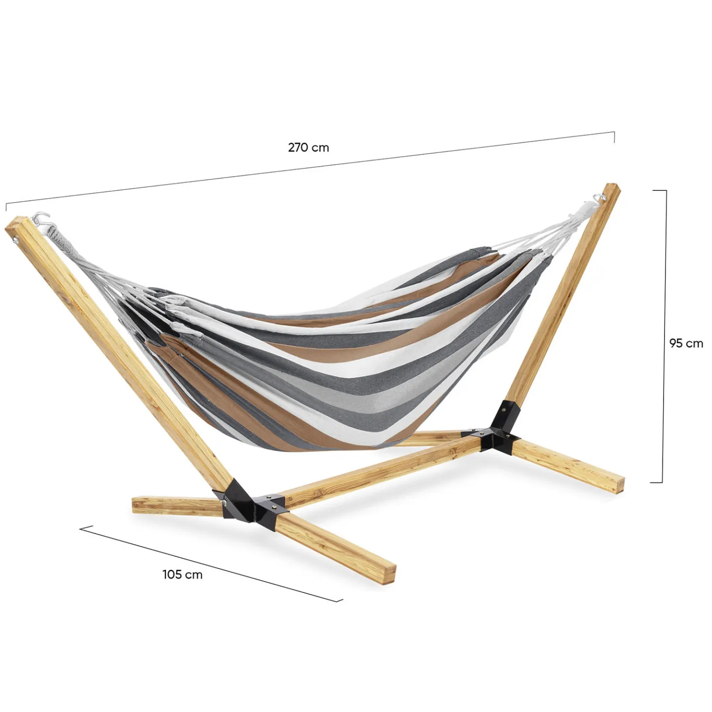 Hamac avec support bois et toile rayée noire, blanche et chocolat TAHITI