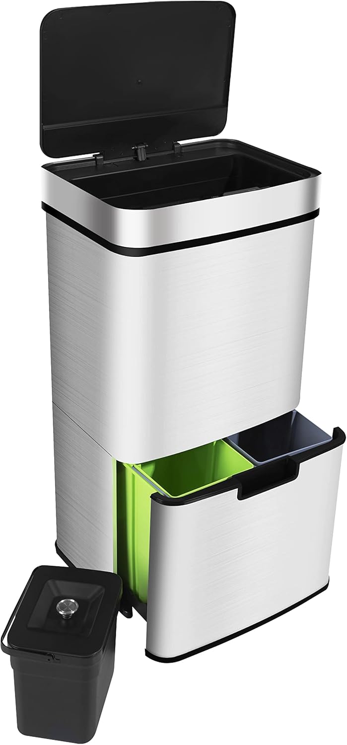 Ribelli Edelstahl - Mülltrennsysteme mit 3+1 Fächer - Mülleimer mit Sensor - 72 Liter (2x12 + 1x48 L) - Design Treteimer aus Edelstahl - Silber