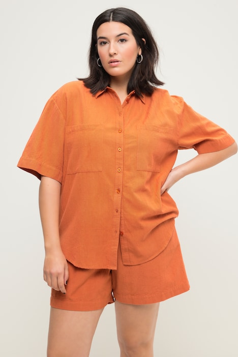 Leinenmix-Bluse, oversized, Hemdkragen, Halbarm