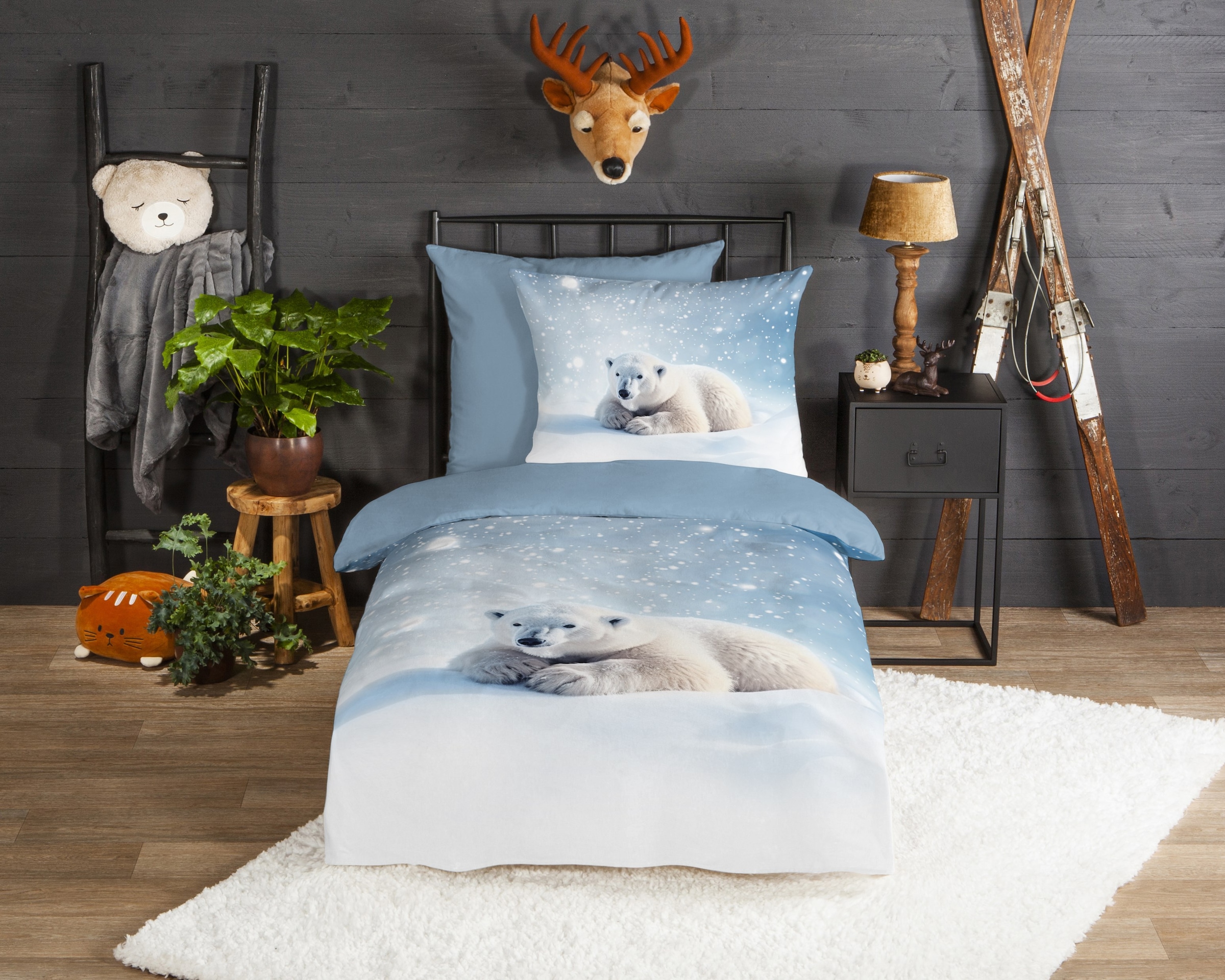 good morning Kinderbettwäsche »Esben« 2 Stk. tlg. Flanell, Biber, 135x200, Winter, Warm, Wendeoptik, Kind, Eisbär, Blau