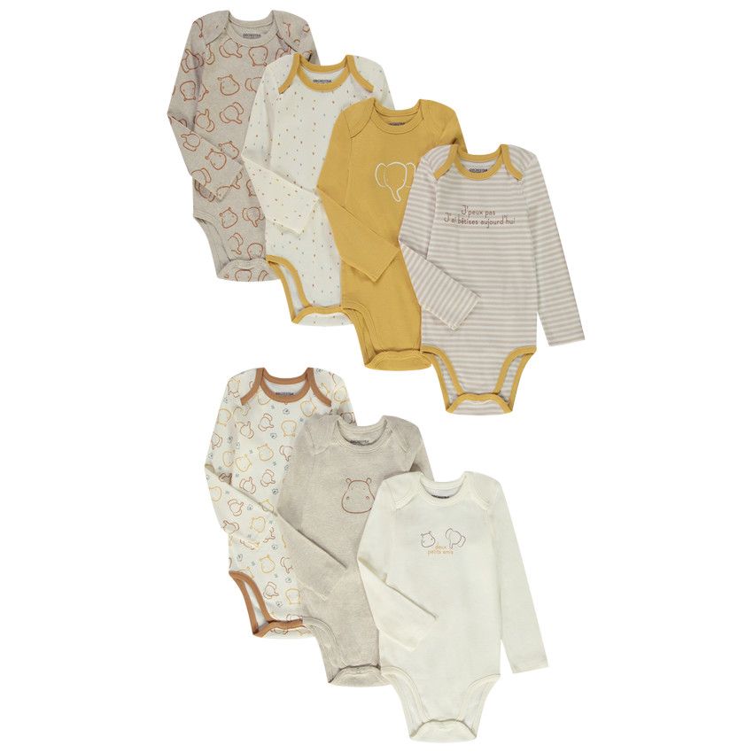 Lot de 7 bodies manches longues fantaisie pour bébé garçon - Ecru