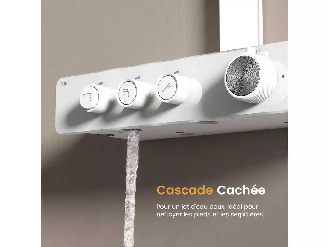 EMKE Colonne de douche Thermostat – Blanc Mat, Régulation innovante du débit, douche à effet pluie de 36x24 cm, douchette à main avec 3 jets