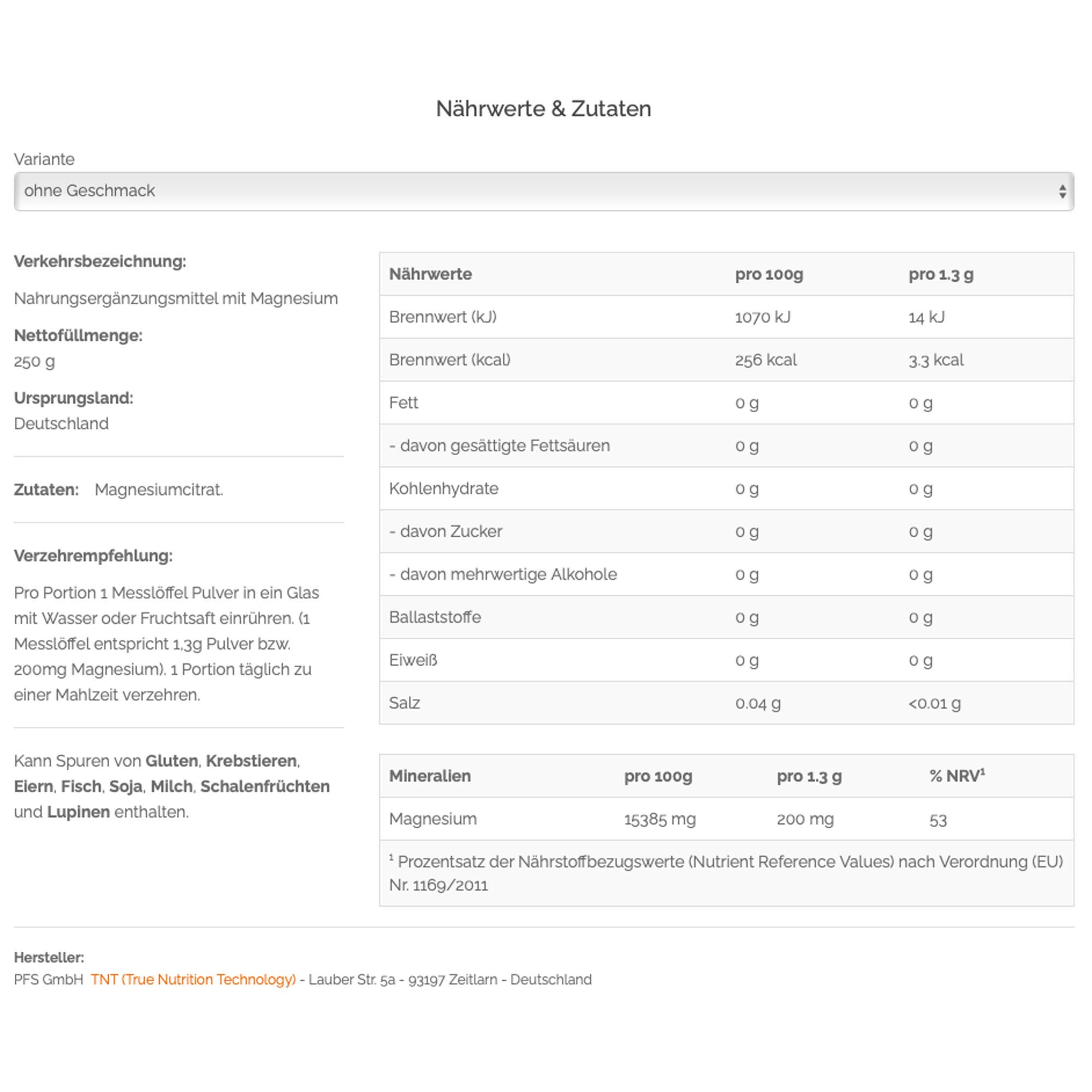 TNT Magnesium-Citrat 200mg hochwertiges Magnesium Citrat pro Portion