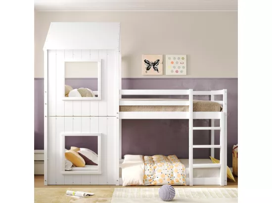 Lits superposés enfant 2 x 90 x 200 cm - avec échelle et garde-corps - charge max 120kg - Pin - Blanc