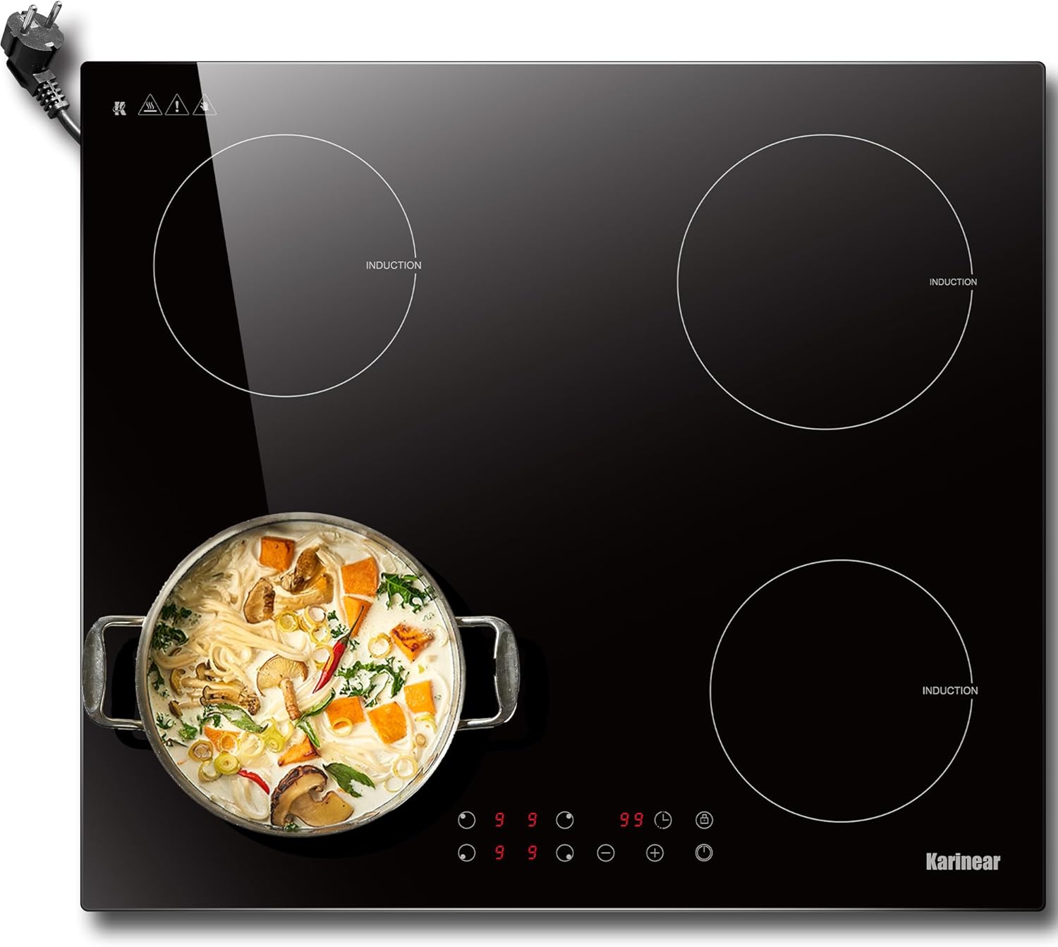 Karinear Induktionskochfeld 60 cm 4 Platten, Einbau Kochfeld Induktion mit Stecker, 3500W 9 Leistungsstufe, Timer, Kindersicherung, Automatische Abschaltung, 220-240V
