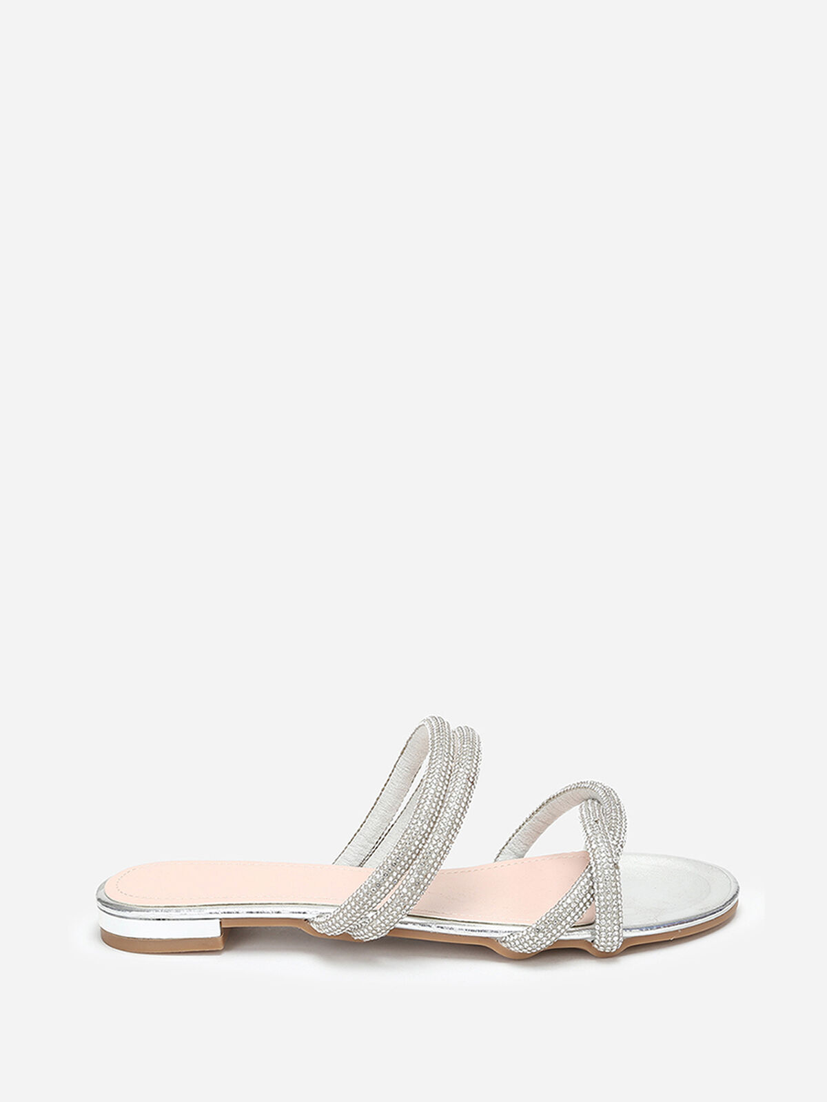 Mules plates à multi-brides en strass- Argenté