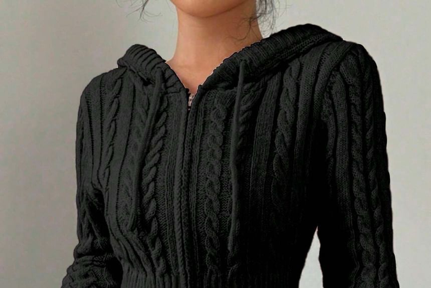 Genrovia - Effen kabelgebreide cropped cardigan met trekkoord en rits