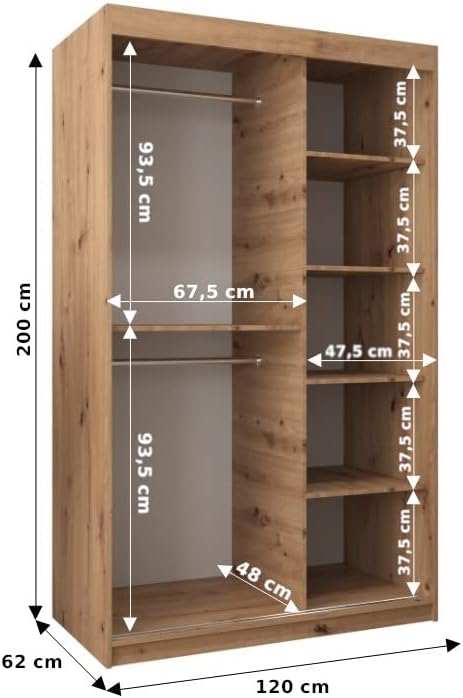 Kryspol Schwebetürenschrank York 120 cm Kleiderschrank mit Kleiderstange und Einlegeboden Schlafzimmer- Wohnzimmerschrank Schiebetüren Modern Design (Artisan Eiche)