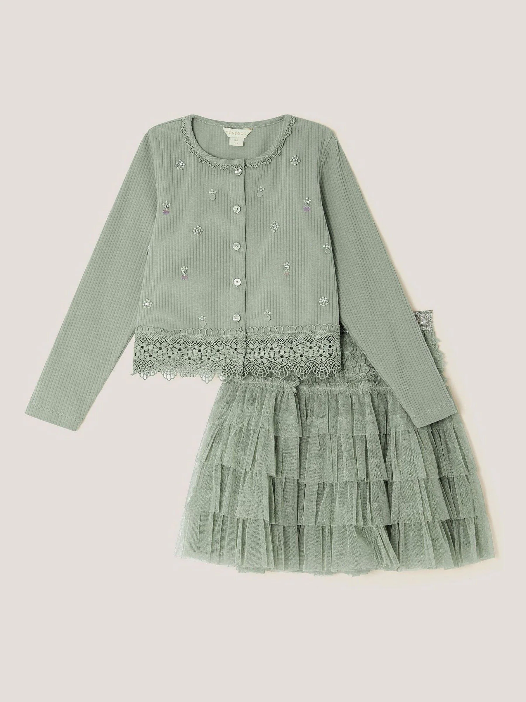 Monsoon Embellished Cardigan & Mesh Tiered Skirt Set
