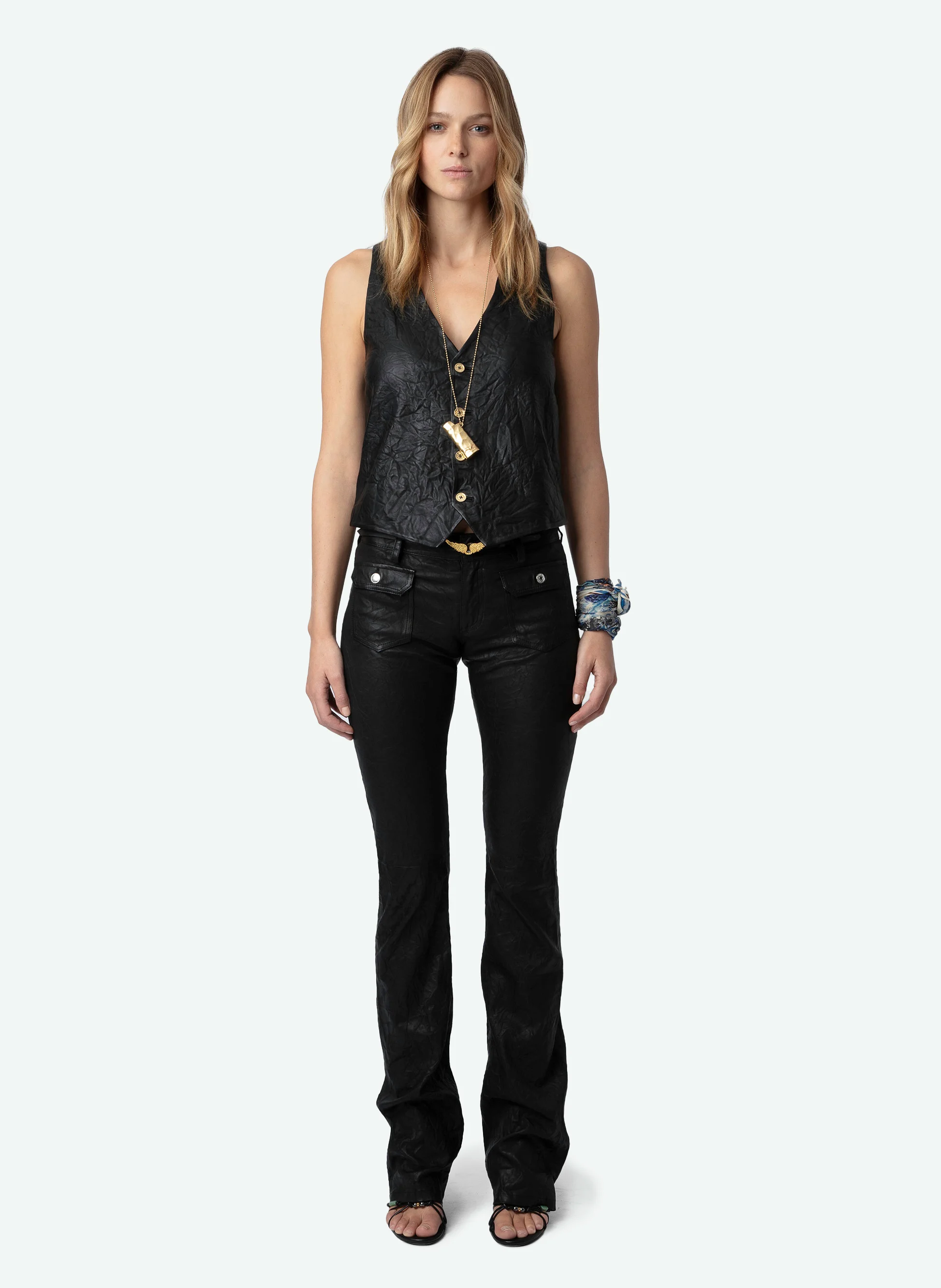 EMILIE - Gilet veston sans manches en cuir froissé | Noir