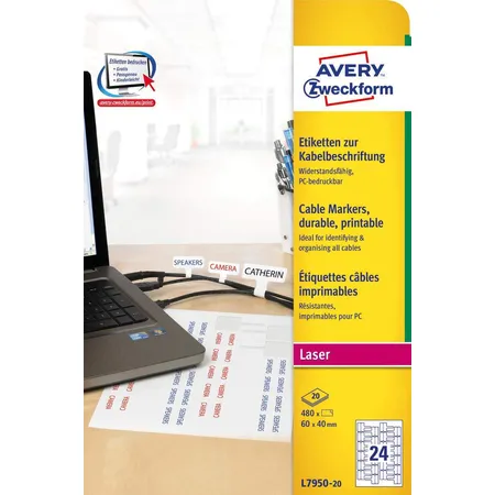 Avery Zweckform L7950-20 Etiketten zur Kabelbeschriftung, 60 x 40 mm, 20 Bogen/480 Etiketten, weiß